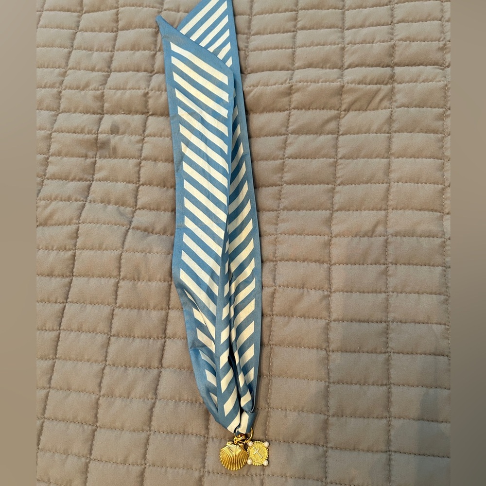 Striped Blue and Cream Scarf Necklace with Shell Charms
